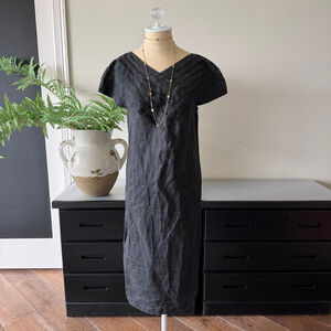 Saks Fifth Avenue 100% Linen Black Pleated Midi Maxi Dress Size 10